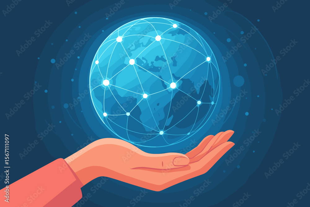 Aufkleber hand holding virtual globe with connected network nodes. global internet connection, digital technol