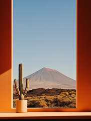 Cactus in front of desert volcano framed by orange minimalist wall. Graphic still life meets wild landscape
