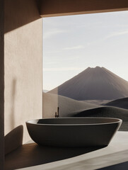 Modern outdoor bathtub with mountain view in desert minimal architecture. Solitude and luxury in raw nature
