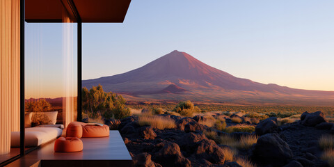Luxury terrace with panoramic mountain view at sunset. Modern design and serene volcanic landscape