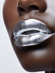 Close-up of metallic silver lips on dark skin. Bold fashion statement and luxury beauty aesthetic