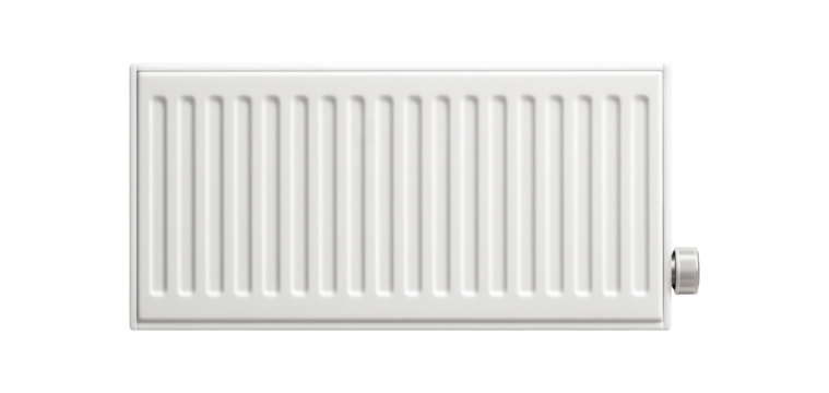 Horizontal steel panel radiator with integrated thermostat, great for maintaining temperature in bedrooms.