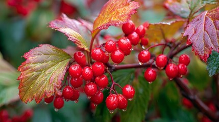 Obraz premium Outdoor view of a Viburnum plant with vivid red berries