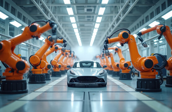 Automated car assembly line, robotic arms welding silver modern car body in high-tech factory. Advanced automotive production, industrial automation, technology, manufacturing, future transport