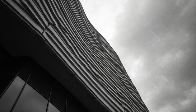 Black and white photo modern building with unique wavy lines design. Contemporary abstract architecture, futuristic shape. Geometric pattern evokes movement, technology concept.