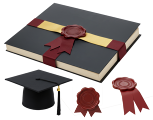 Graduation cap and diploma with red seals on transparent background  