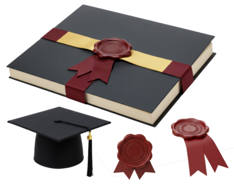 Graduation cap and diploma with red seals on transparent background  