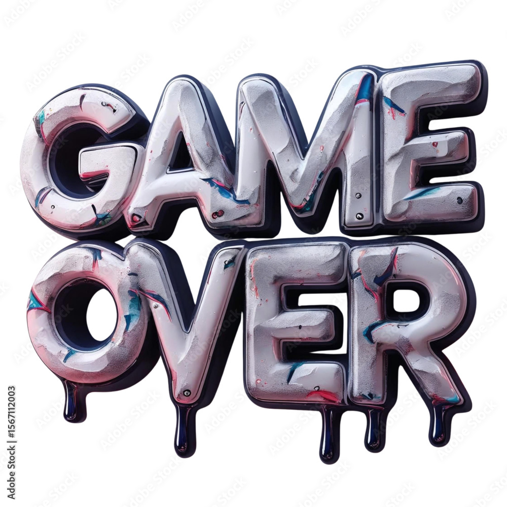 Poster metallic game over text effect for video games and esports streaming end screen with dripping paint 