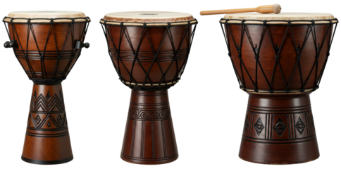 Traditional African drums arranged in a row on transparent background  