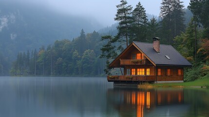 Beautiful wooden cabin by tranquil lake surrounded by evergreen trees in early morning mist