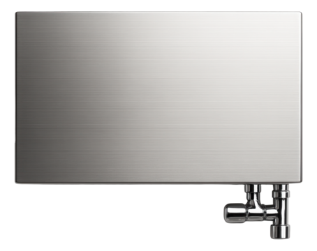 Wide, flat panel water-heated towel rail, efficient for drying large towels in a family house bathroom.