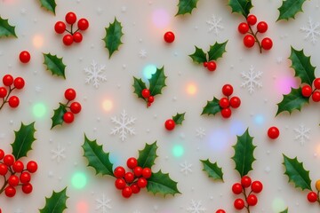 Christmas background with holly berries, leaves and snowflakes on sparkling background creating a festive atmosphere, perfect for greeting cards or holiday decorations