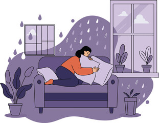 Woman relaxing on couch reading book in cozy purple-themed living room with plants and windows in calm atmosphere 