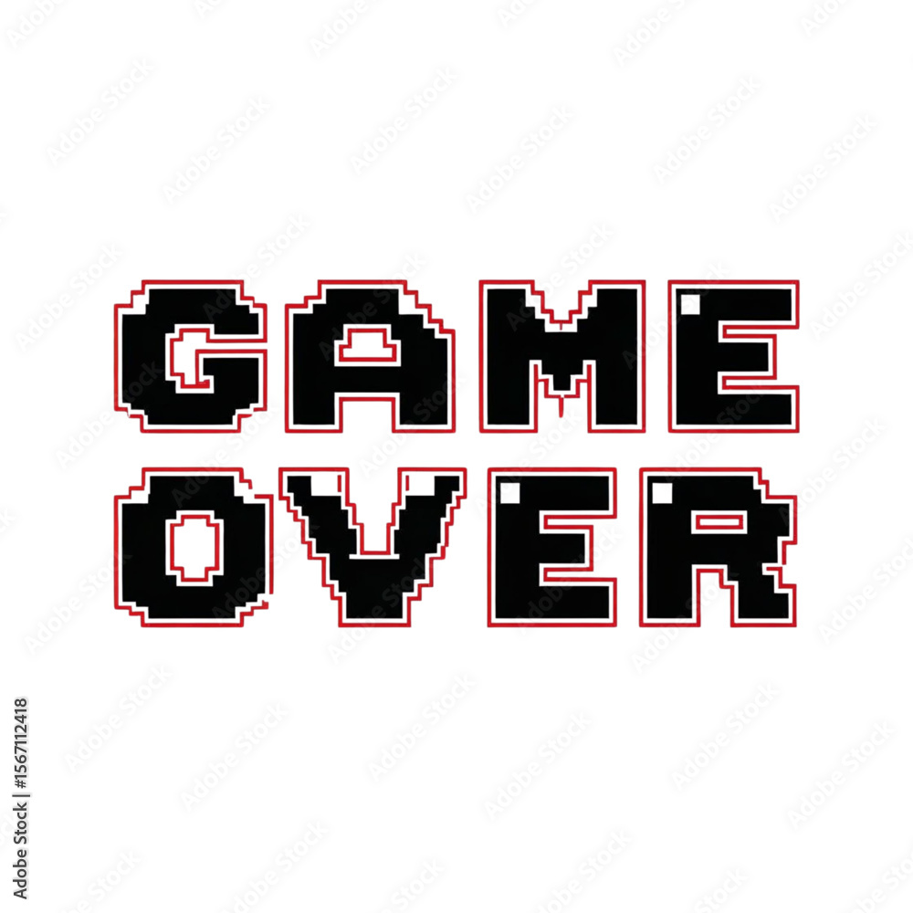 Poster retro pixel art game over screen design for arcade video games and gamer themed projects and designs