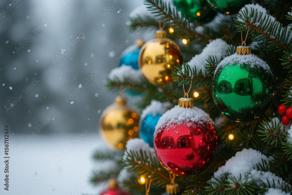 Poster snow is gently falling on a christmas tree decorated with colorful ornaments and glowing string ligh