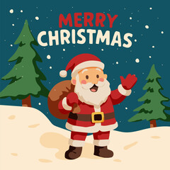 A cartoonish image of Santa Claus holding a bag and standing in front of a tree. The image is titled Merry Christmas