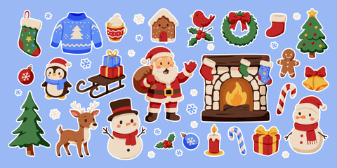 A blue background with a variety of Christmas decorations including a penguin, a reindeer, a snowman, a gingerbread man, a wreath, a fireplace, a Christmas tree, and a Santa Claus