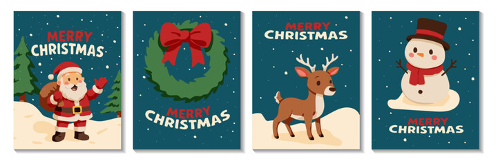 Merry christmas cards with a santa and reindeer on them. The cards are blue and feature a wreath