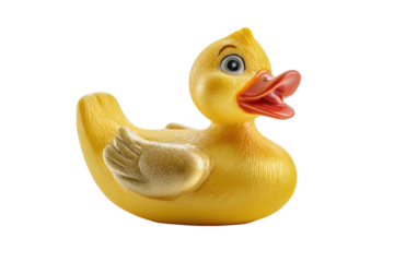 PNG Yellow rubber duck with orange beak on white background for bath play