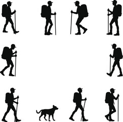 Obraz premium Hiking silhouettes backpackers trekking nature outdoors