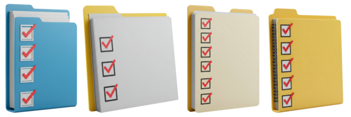 Colorful file folders with checkmarks on transparent background  