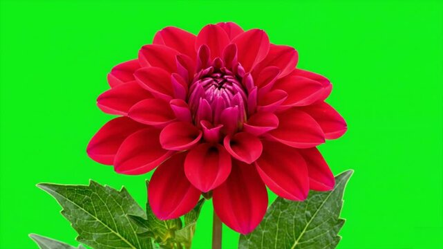 Time Lapse of blooming Red Flower. Beautiful Dalia opening up. Timelapse of growing blossom big flower on chroma key green background 4k Stock Video