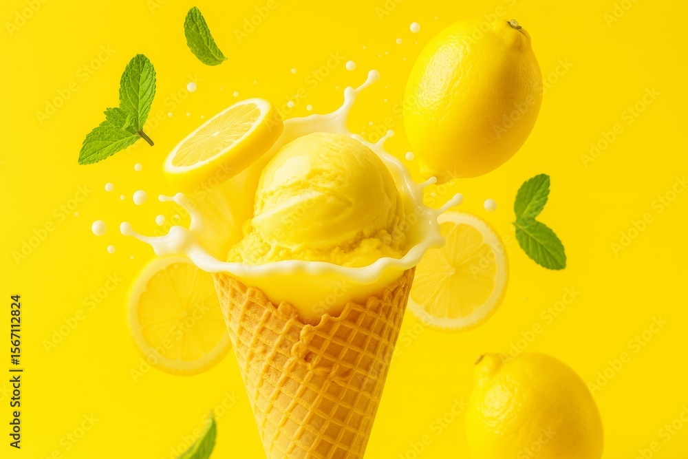 Poster ice cream scoops with lemon flavor inside a waffle cone are splashing with milk and decorated with l