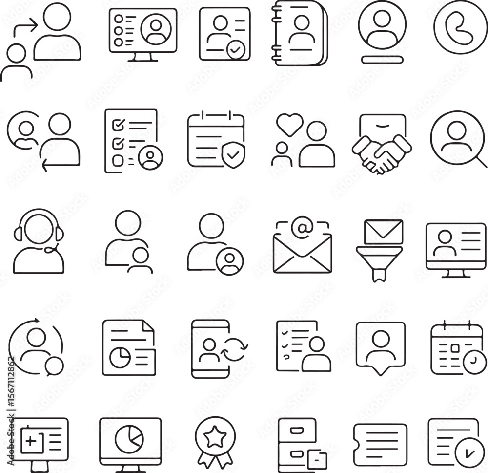 Poster a collection of modern outline icons representing various business and personal management concepts 