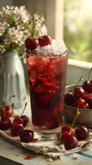 Deep red cherry iced tea in a tall glass, topped with cherries and ice, sunlit wooden background and soft cloth accent.