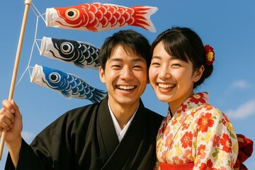 A smiling Japanese couple in traditional attire holds Koinobori carp streamers against a blue sky. Concept of: Celebrating together in Japan.