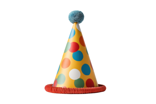 PNG Colorful polka dot party hat with blue pom-pom and red brim on black background