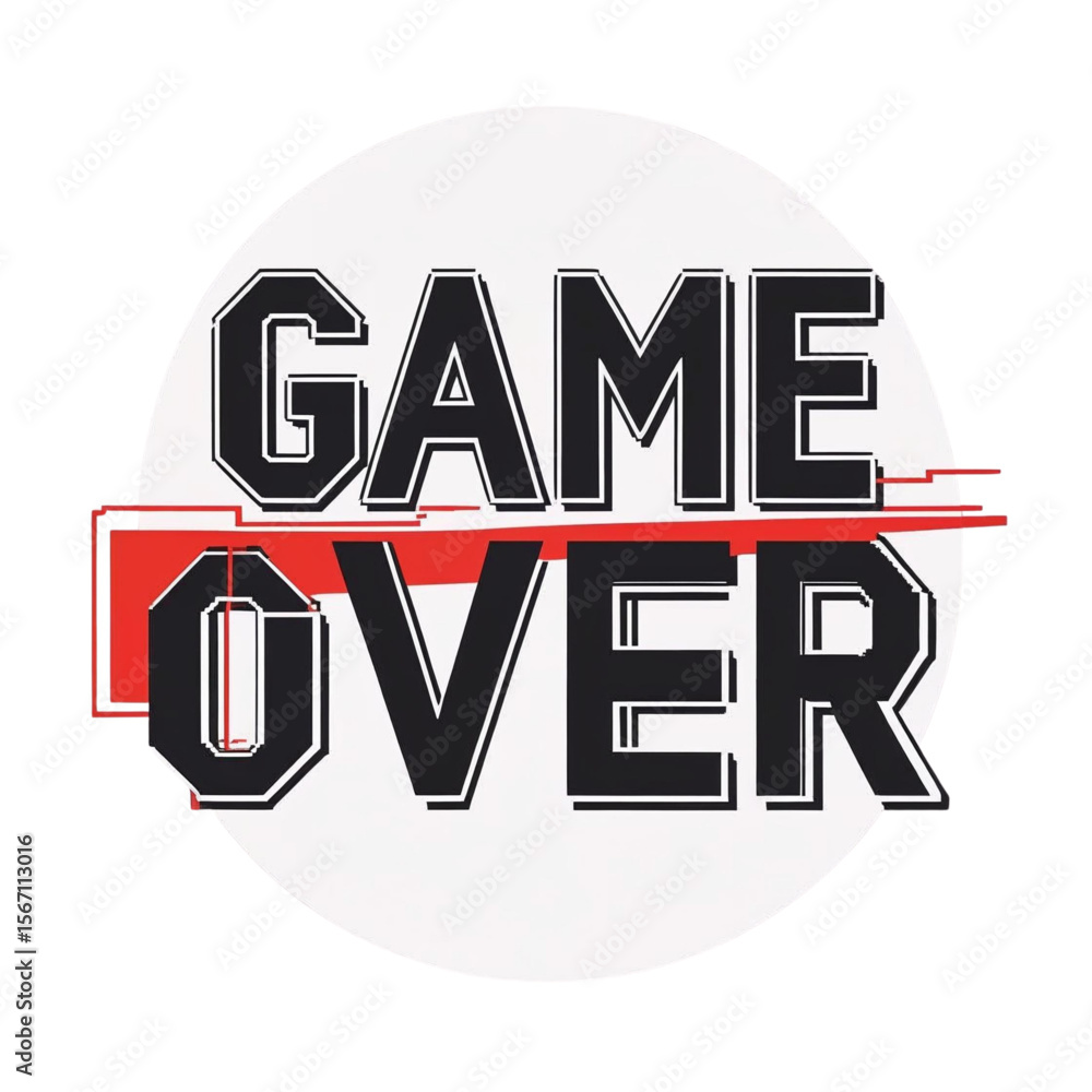 Poster retro arcade style game over screen design for video games and esports tournaments with red and whit