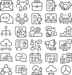 Collection of business and finance icons representing communication collaboration strategy growth data analysis and corporate success in a modern outline style