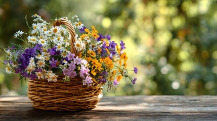 Wicker basket filled with vibrant wildflowers on a wooden table with a blurred backdrop