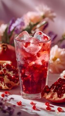 Clear glass of iced pomegranate tea, rich ruby color and pomegranate seeds, styled in a clean modern setting with soft shadows.