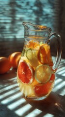 Refreshing citrus carafe with vibrant slices of grapefruit, orange, and lemon, sunlight filters through window blinds.