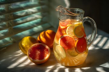 Natural light pouring over citrus juice in a carafe with slices of fresh fruits, creating a refreshing and artistic still life.
