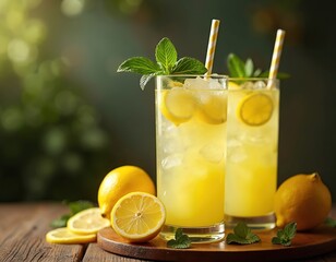 Fototapeta premium Refreshing lemonade drink with lemon slices ice cubes mint leaves in glasses. Healthy citrus beverage on wood. Food photography for restaurant menu. Yellow cocktail illustration.