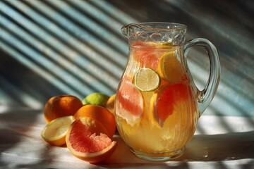 Mixed citrus juice glowing in the sun, fruit slices floating inside a transparent carafe, soft shadows add warmth to the scene.