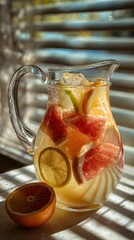 Bright citrus juice in carafe with orange, lemon, and grapefruit slices, sunshine casting artistic shadows across the table.