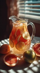 Citrus mix in a clear jug with visible slices of lemon, grapefruit, and orange, sunny tabletop scene with soft diagonal shadows.