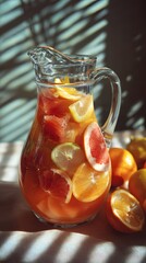 Refreshing citrus drink in a glass pitcher, floating fruit slices, bright natural light and striped shadows from window blinds.