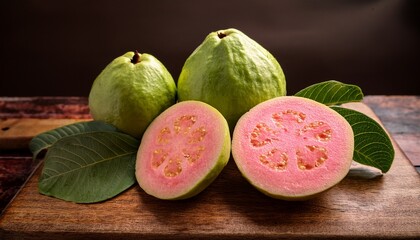 fresh pink guava halves on rustic wooden board with whole guavas and green leaves refreshing tropical fruit for healthy recipes