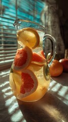 Colorful citrus juice blend in a glass carafe with floating fruit slices, sunlight streaming through blinds casting soft diagonal shadows.