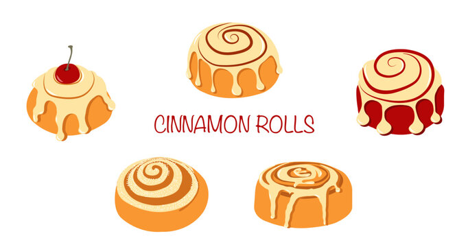 Autumn sweet treats vector set - cinnamon rolls and cinnabon style desserts in flat style for seasonal designs. Hand drawn illustration for banners, social media, cards