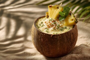 Vibrant smoothie in halved coconut with pineapple chunks, kiwi slices, and mint, styled on sandy texture with palm shadows.