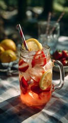 Refreshing strawberry lemonade in mason jar with lemon wheels and ice, resting on picnic cloth in warm daylight.