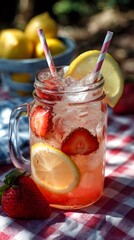 Chilled strawberry lemonade with fruit slices and paper straw, in a glass jar placed on a red checkered cloth under sunlight.