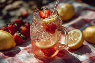 Strawberry lemonade in a mason jar with ice, fresh berries and lemon slices, striped straw, served on a picnic cloth in bright summer light.