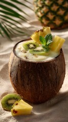 Refreshing coconut smoothie garnished with exotic fruits and mint, resting on sand-like surface with soft palm shadows.